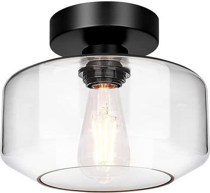 Lynnoland Industrial Semi Flush Mount Ceiling Light Black, Clear Glass Shade Ceiling Light Fixture, Farmhouse Light Fixtures for Hallway Corridor Kitchen Bathroom Bedroom Passway Foyer