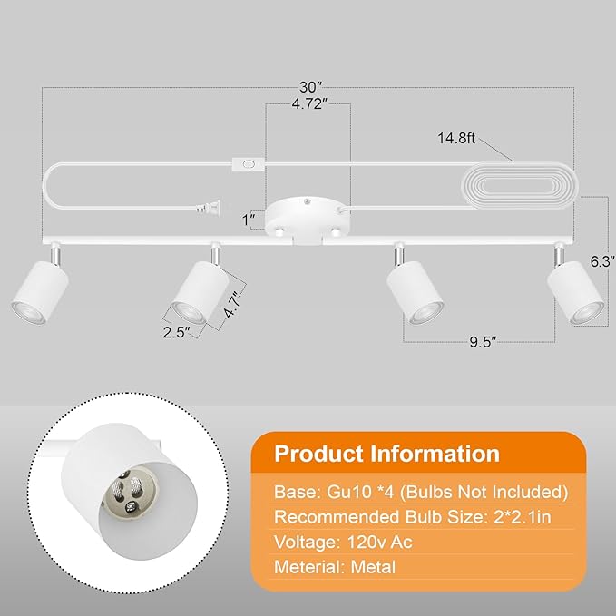 Track Lighting Plug in, LED Track Lighting Fixtures Ceiling Kit, White 4-Light Ceiling Light Plug-in, Wall Light with 14.8ft Power Cord, Rotatable Kitchen Spotlight for Bedroom(GU10 Socket, NO Bulb)