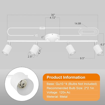 Track Lighting Plug in, LED Track Lighting Fixtures Ceiling Kit, White 4-Light Ceiling Light Plug-in, Wall Light with 14.8ft Power Cord, Rotatable Kitchen Spotlight for Bedroom(GU10 Socket, NO Bulb)