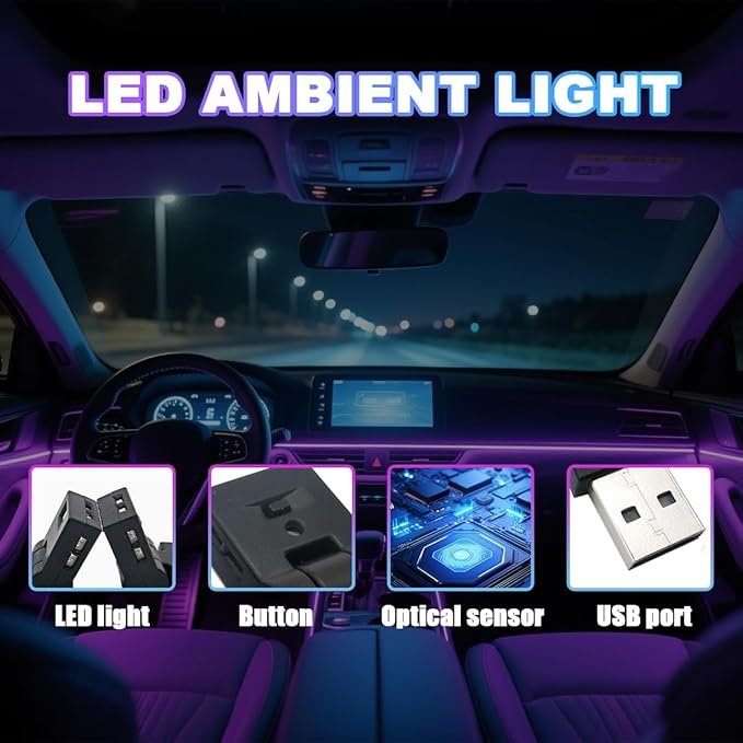 2PCS Mini USB LED Car Light, 5V Adjustable Brightness 8 Colors RGB Dynamic Vehicle Night Atmosphere Lighting, Auto Ambient Lamp Decoration Accessories, Universal Fit