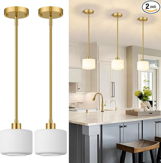 Brushed Gold Pendant Lights Kitchen Island 2 Pack, Modern Milk Glass Hanging Light Fixtures with Rods, Mini Kitchen Pendant Lighting Over Island for Sink Bathroom, OS-YQ8153-2PBG