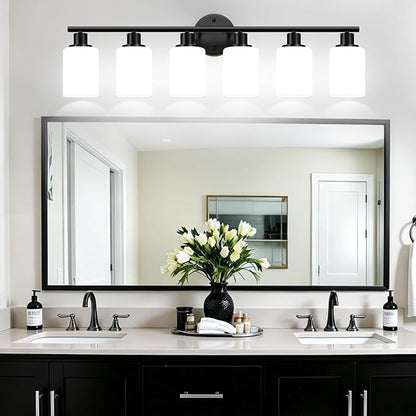Zarbitta 6-Light Bathroom Light Fixtures, Black Modern Vanity Lights with Milky White Frosted Glass Shades, Bathroom Wall Lamp, for Mirror, Living Room, Kitchen, Hallway, Cabinet, Porch