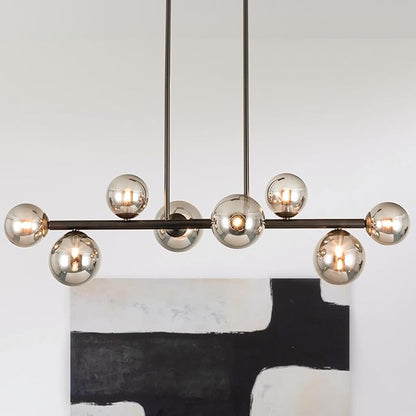 Jonsi Dining Room Light Fixture Over Table, Mid Century Chandeliers, Modern 8 Lights Smoke Grey Globe Glass Linear Chandelier Adjustable Ceiling Hanging for Living Dining Room Kitchen Island, Black