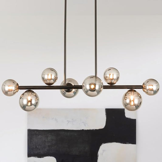 Jonsi Dining Room Light Fixture Over Table, Mid Century Chandeliers, Modern 8 Lights Smoke Grey Globe Glass Linear Chandelier Adjustable Ceiling Hanging for Living Dining Room Kitchen Island, Black