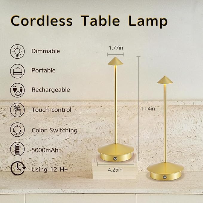 2 Pack Aluminum Cordless Table Lamp, 6000mAh Rechargeable Table Lamps, Portable Touch LED Lamp, Outdoor Waterproof Dimmable Cordless Rechargeable Table Lamps for Restaurant/Patio- Black (Jinse)