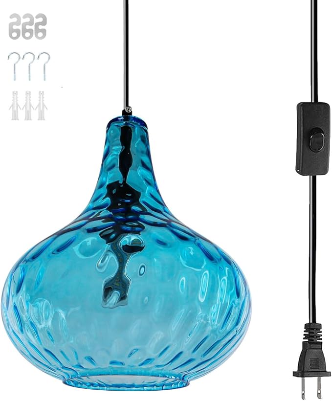 2-Pack Blue Hanging Lamp Vintage Plug in Pendant Light Fixture Globe Glass Plug in Ceilig Pendant Lamp with Cord Hammered Shade Plugin Hanging Lamp for Bedroom Dining Living Room