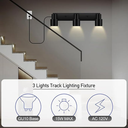 Plug-in Track Lighting LED, Track Light Fixtures Ceiling, Black Plug in Wall Lights with 14.8ft Cord, 3 Way Ceiling Spotlight for Kitchen, Rotatable Light Head for Bedroom Hallway(GU10 Socket,NO Bulb)