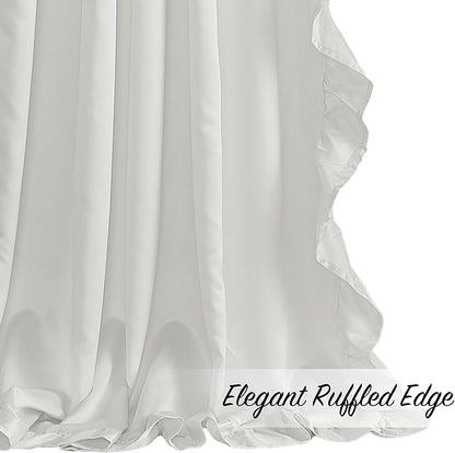 StangH Cottage Ruffle Curtains 96 Inch, Luxurious Satin Shabby Chic Drapery for High Ceiling, Light Filtering Privacy Window Coverings for Living Room/Backdrop, White, W52 x L96, 2 Panels