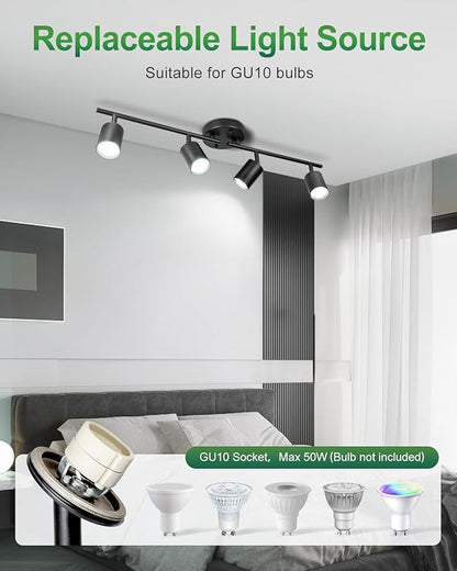 4 Ways Track Lighting, Rotatable Heads Tracks Light, Track Lightings Fixtures Ceiling with Foldable Arms, Modern Black Tracks Light for Kitchen, Living Room, Hallway(Bulbs Not Included)