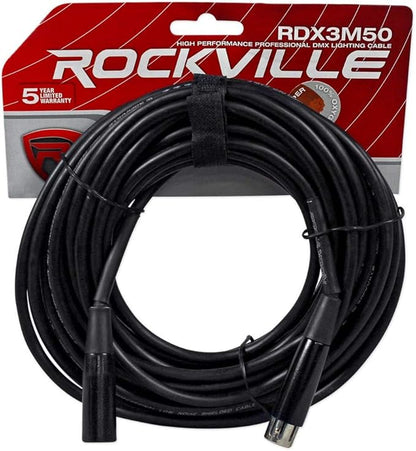Rockville RDX3M50 50ft 3 Pin DMX Lighting Cable 100% OFC Copper, Female to Male XLR, Durable PVC Jacket, Low Signal Loss, Long-Lasting, for Stage Lighting and Live Events