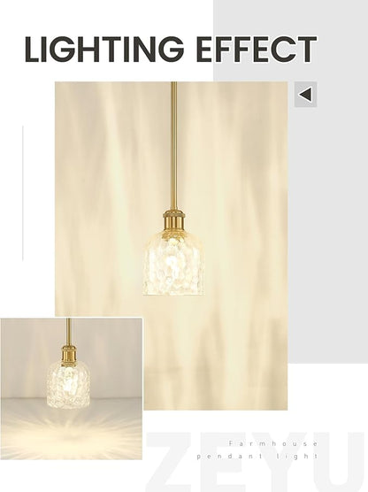 zeyu 1-Light Kitchen Pendant Lighting Fixture, Kitchen Island Ceiling Light, Vintage Pendant Light with Clear Hammered Glass, Brushed Gold Finish, ZJF63MIL BG