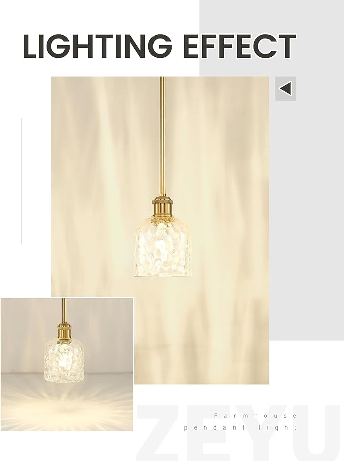 zeyu Modern 1 Light Hanging Lamp, Hanging Lighting Fixture Set of 2, Gold Pendant Light with Clear Hammered Glass, Brushed Gold Finish, ZJF63MIL-2PK BG