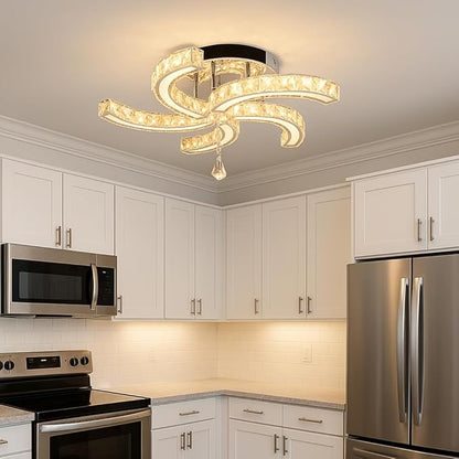 Finktonglan 19.7" Crystal Semi Flush Mount Ceiling Light, 5-Light LED Chandelier, K9 Crystal & Acrylic, 25W, 3000K Warm White, Modern Low-Profile Ceiling Lighting for Bedroom Living Room Dining