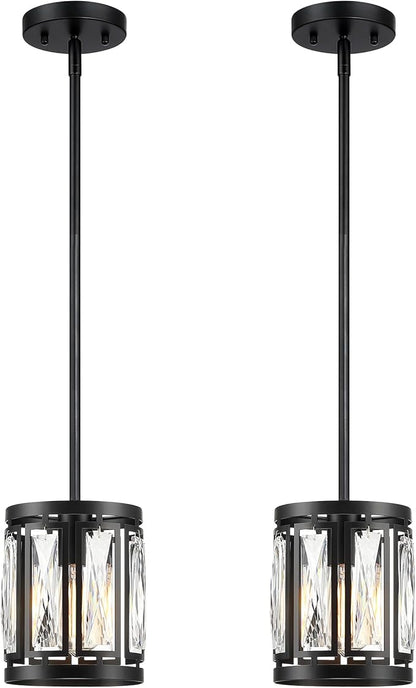 Crystal Pendant Lighting Fixture Matte Black Drum Shade Chandelier,2-Pack Pendant Lights for Kitchen Island Modern Ceiling Lights for Living Room