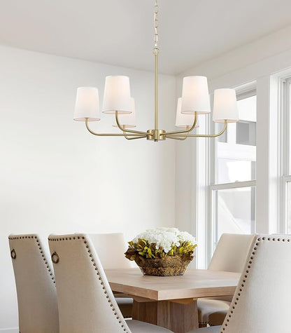6-Light Brushed Gold Pendant Chandelier with White Linen Shades, E12 Base - Farmhouse & Industrial Style for Kitchen, Living Room, Dining Room, or Bedroom Lighting