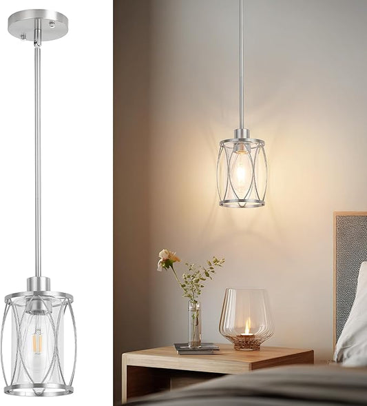 Glass Pendant Lights Kitchen Island Brushed Nickel Pendant Light Fixtures Adjustable Farmhouse Mini Hanging Light with Clear Glass for Sink Dining Room Foyer Entryway Bar, 1 Pack