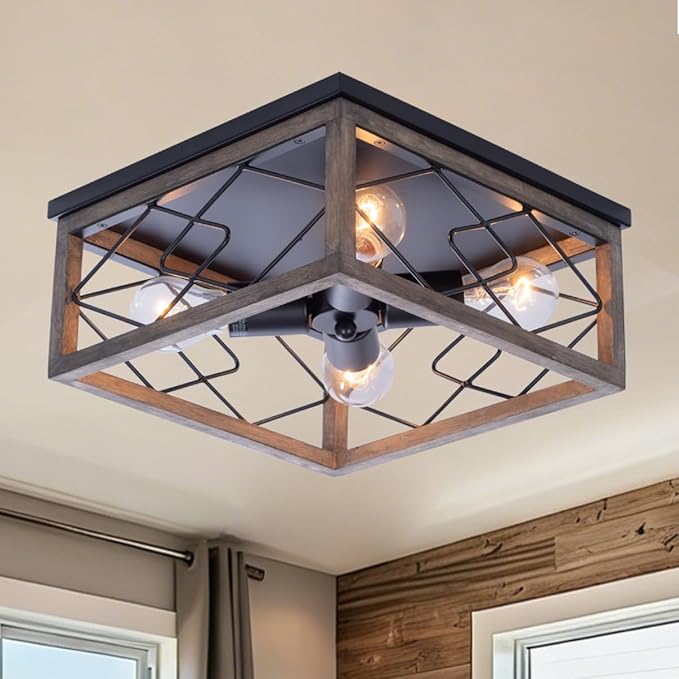 VILUXY Farmhouse Wood Flush Mount Ceiling Light 4 Lights Square Close to Ceiling Lamp Rustic for Entryway Kitchen Hallway Dining Room Bedroom