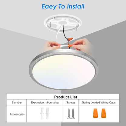 Peasur 7 Inch Satin Round Lighting Brushed Nickel, 15W LED Slim Flush Mount Ceiling Light,3000K/4000K/6500K Adjustable, Modern LED Ceiling Light for Bedroom, Living Room and Kitchen(2-Pack)