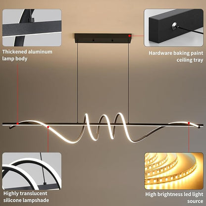 Modern Ceiling Chandelier Light, Acrylic Anti Flicker Pendant Lamp with Remote Control Dimmable 3 Color Mode & Brightness (Warm Cool Neutral Light) for Kitchen Bar（Black,57IN