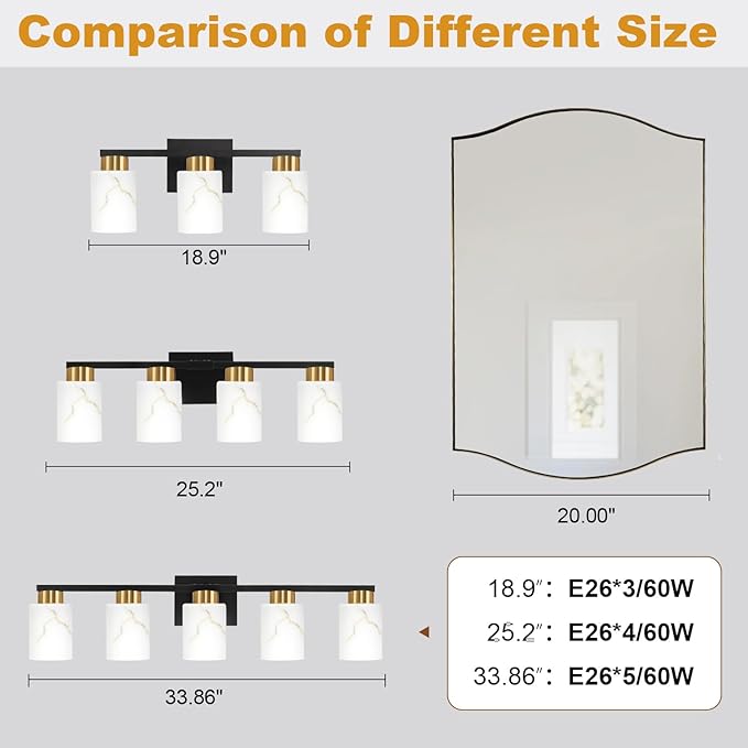 4-Light Bathroom Light Fixtures, Modern Vanity Lights, Black and Gold Metal Wall Lamp with White Marble Glass for Bathroom, Mirror, Living Room, Bedroom, Cabinet, Porch, Hallway, E26 Base