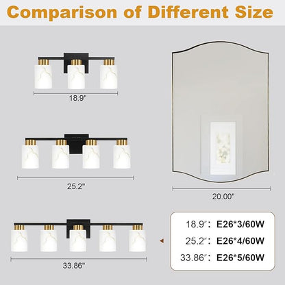 4-Light Bathroom Light Fixtures, Modern Vanity Lights, Black and Gold Metal Wall Lamp with White Marble Glass for Bathroom, Mirror, Living Room, Bedroom, Cabinet, Porch, Hallway, E26 Base