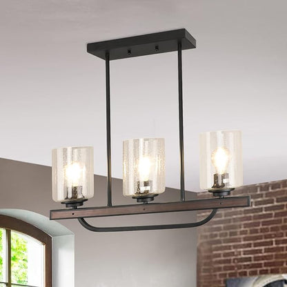 Depuley 3- Light Rustic Pendant Light Fixture, Flush Mount Ceiling Hanging Light with Glass Shade, Adjustable Farmhouse Black Chandelier Lighting for Kitchen Island Dining Room Restaurant, E26 Base