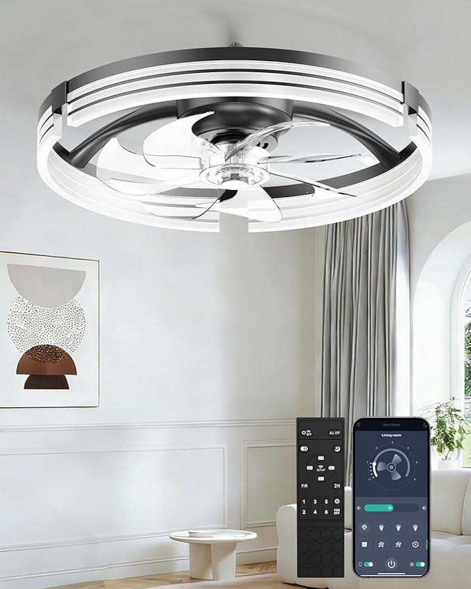 AIKVSXER Ceiling Fans with Lights and Remote, 20 Inch Low Profile Fandelier with APP Control, Ultra Quiet, 3CCT and 6 Wind Speeds for Bedroom, Living Room Modern Flush Mount Fan Light