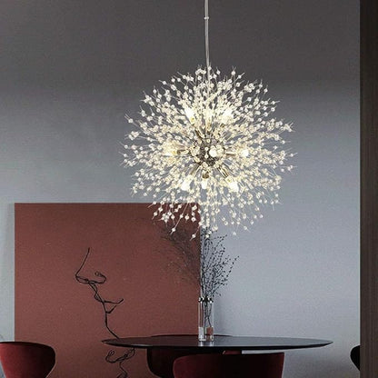 Modern Dandelion Firework Chandelier, Chrome Bathroom Chandelier, Crystal Hanging Pendant Lighting Fixture for Dining Room, Bedroom, Entryway, Foyer, 9-Light