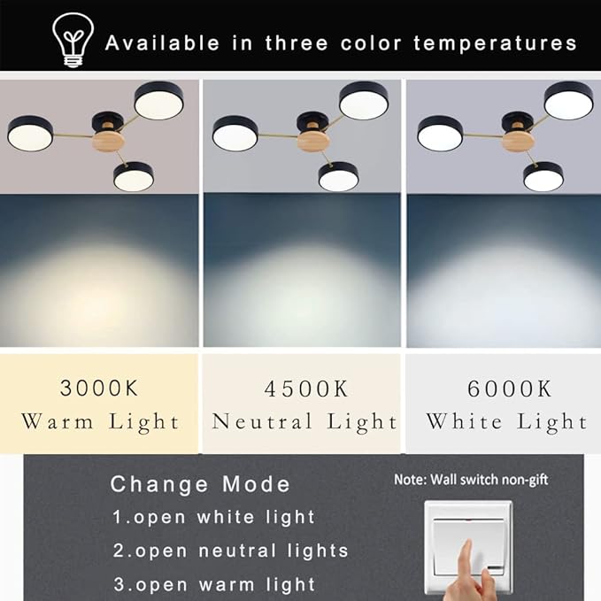LED Ceiling Light Fixture,26 Inch 3-Lights Modern Ceiling Lights Flush Mount Wooden 24W Dimmable Chandelier for Living Room Bedroom Kitchen,3000K/4000K/6000K Temperatures Selectable Black