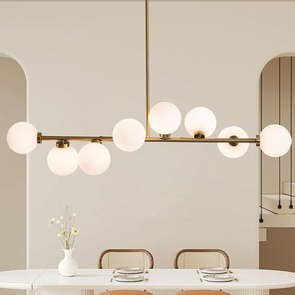 Brass Linear Chandelier, 8 Lights Modern Bubble Chandelier with White Glass Lampshade, Mid Century Globe Pendant Lights for Dining Room Kitchen Island - Gold