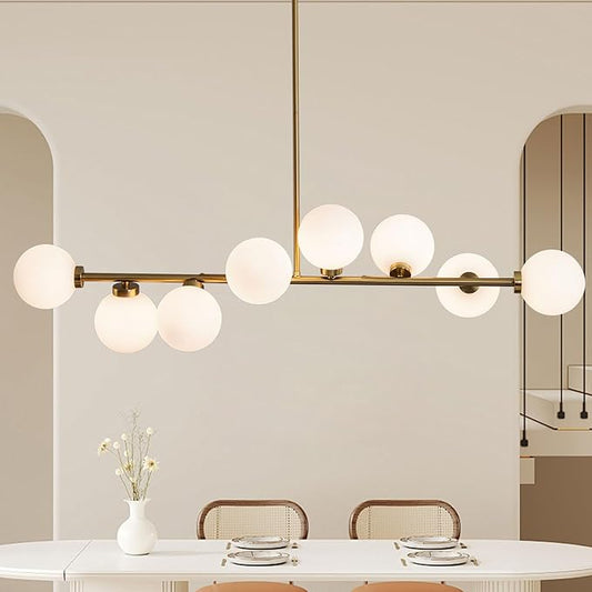 Brass Linear Chandelier, 8 Lights Modern Bubble Chandelier with White Glass Lampshade, Mid Century Globe Pendant Lights for Dining Room Kitchen Island - Gold