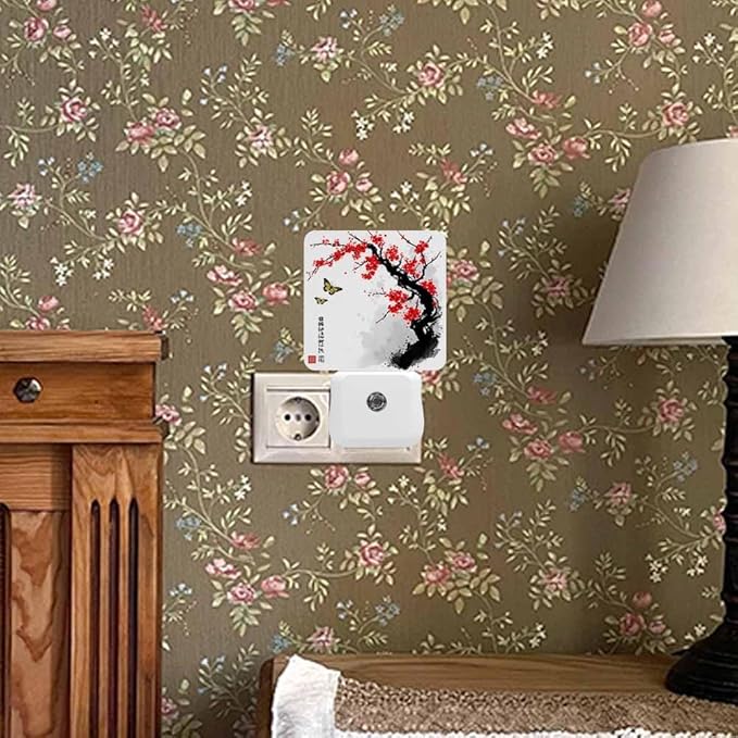Plum Blossoms and Butterflies Night Light Red Ink Painting Style LED Night Lights Plug into Wall for Stairway Hallway Bedroom 0.5W Nightlight