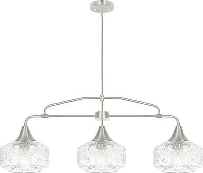 3-Light Island Light for Kitchen, Adjustable Farmhouse Kitchen Island Lighting with Clear Glass, Brushed Nickel Dining Room Light Fixture Over Table, Linear Chandelier Pendant Lighting over Sink