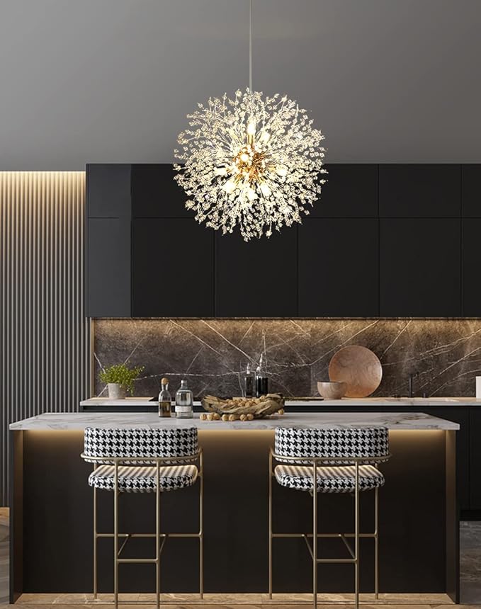 Gold Crystal Chandeliers 12-Light Modern Dandelion Light Fixture,Firework Chandelier,Personalized Ceiling Hanging Lighting for Bedroom,Dining Room,Living Room Chandelier