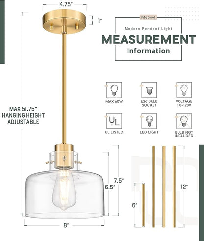 Pendant Lights Kitchen Island, 8" Brushed Gold Pendant Light Fixtures Over Island with Clear Glass Shade, Modern Brass Kitchen Island Lighting for Dining Room Entryway, PL124-BG-G-1PL