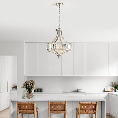 XINGQI Round Crystal Chandeliers for Dining Room Modern 4-Light Rustic Farmhouse Light Fixture Brushed Nickel Pendant Lighting for Living Room Kitchen Island Bedroom