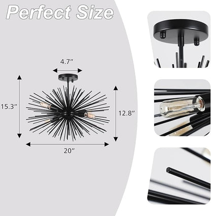 20in Black Sputnik Ceiling Light Fixtures Over Table 4-Lights Starburst Sputnik Chandelier Modern Solid Metal Semi Flush Mount Ceiling Light for Bedroom, Kitchen, Hallway, Laundry Room, E12