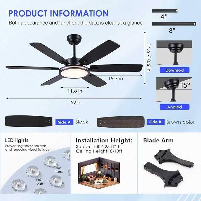 Hounberi Ceiling Fans with Lights, 52 Inch Black Ceiling Fan with Light and Remote Control, 3CCT, 6 Speeds, Quiet Reversible DC Motor, Dimmable, Ceiling Fan for Bedroom, Patio, Living Room