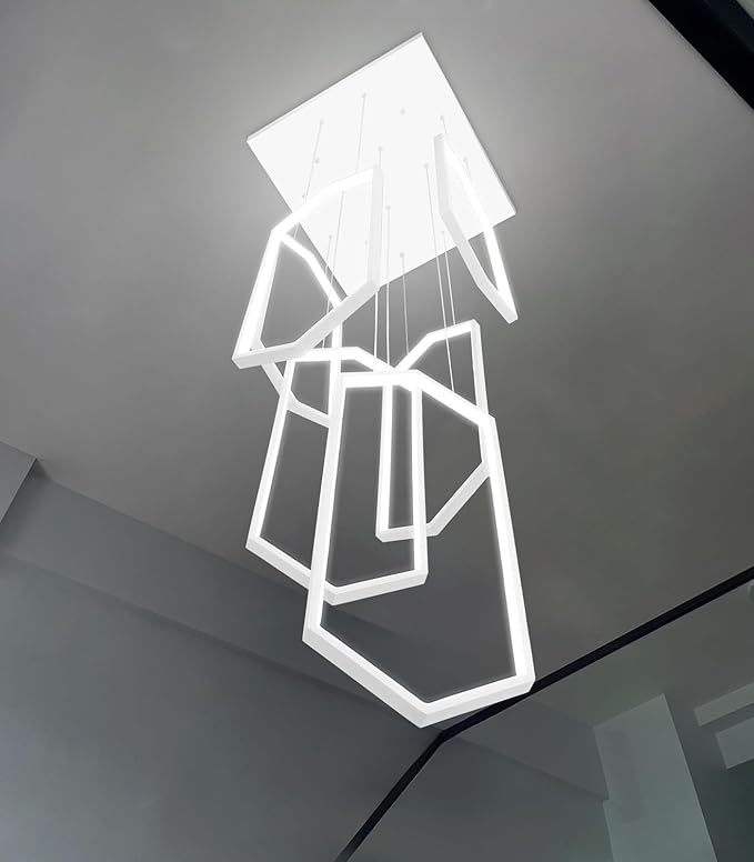 Modern Chandelier LED Dimmable Light for Staircase Living Room Entrance High Ceiling Chandeliers with Remote Control for Villa Foyer White