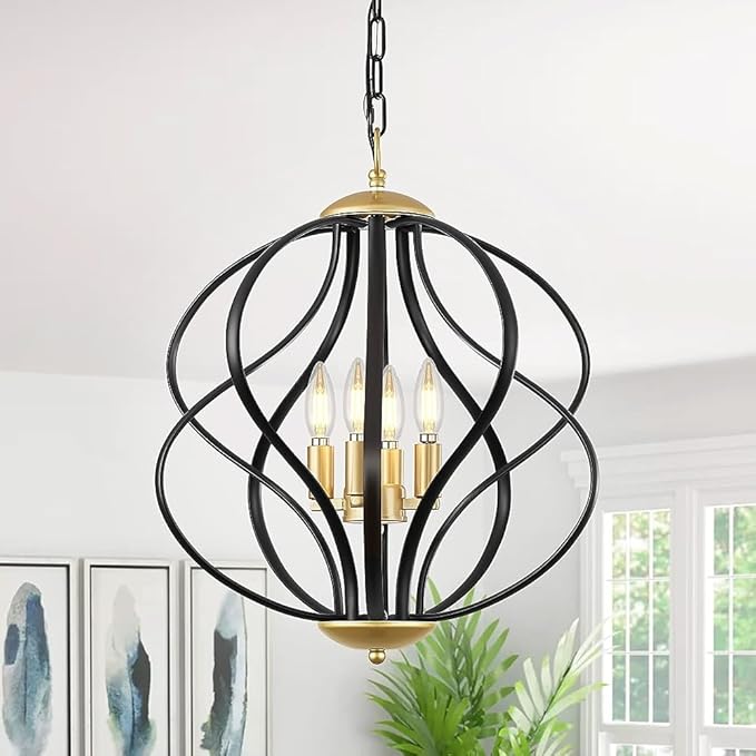 YURNYQ Modern Black and Gold Chandelier for Dining Room, 4 Lights Geometric Chandeliers, Sphere Chandelier Industrial Large Pendant Light Fixtures Hanging for Kitchen, Entryway, Foyer, Stairs