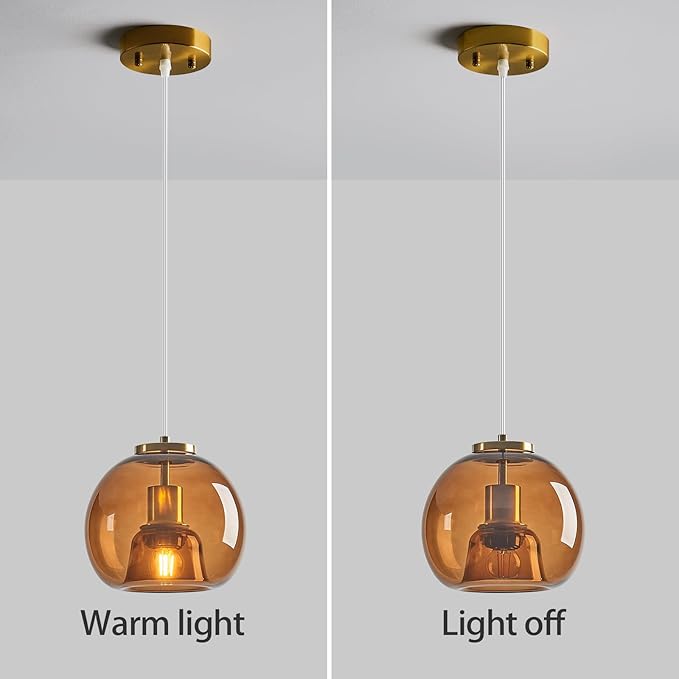 Brown Glass Pendant Lights Kitchen Island Gold Hanging Light Fixture Glass Globe Pendant Light Modern Pendant Lighting for Kitchen Island Bedroom Dining Room (7.87", 1 Pack)