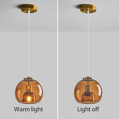 Brown Glass Pendant Lights Kitchen Island Gold Hanging Light Fixture Glass Globe Pendant Light Modern Pendant Lighting for Kitchen Island Bedroom Dining Room (7.87", 2 Pack)