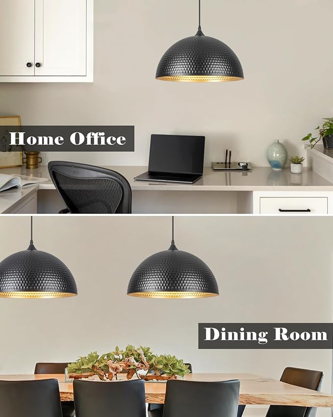 16 inch Black and Gold Pendant Light 3 Packs, Hammered Industrial Large Pendant Lights Kitchen Island, Oversive Black Dome Pendant Light for Kitchen Island, Dining Room, Bar