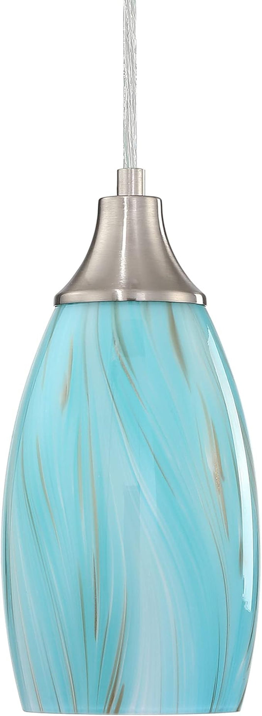 karyfine Mini Pendant Light,Handcrafted Art Glass Pendant Lighting Shade with Brushed Nickel Finished Teal Glass Ceiling Hanging lamp Adjustable Cord for Kitchen Island,Hallway,Dining Room