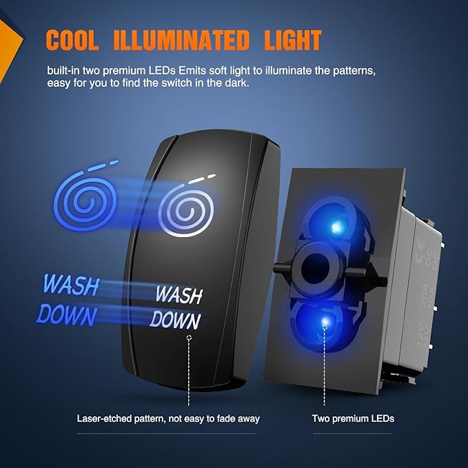 Nilight Wash Down Rocker Switch Led Light Bar 5 Pin Laser On Off SPST Switches 20A/12V 10A/24V Blue with Jumper Wires Set for Cars Trucks Boats ATVs UTVs RVs