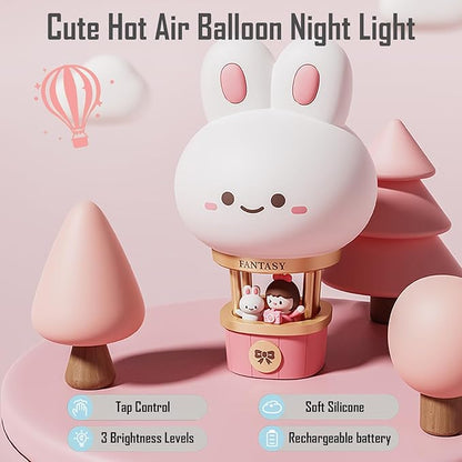 Hot Air Balloon Rechargeable Night Light, Safe Soft Silicone Material, 3 Brightness Levels, Tap Control, Warm Light, Toddler Sleeping Lamp, Bedroom Night Lamp, Gift for Baby and Kid (Bunny)