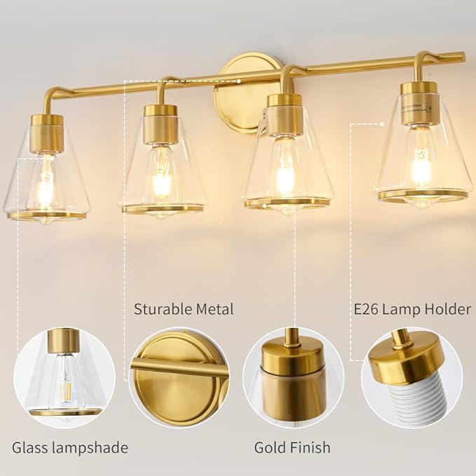 Gold Vanity Light 4 Light Bathroom Vanity Light Fixtures Over Mirror with Clear Glass Shade, 30 Inch Lights for Bathroom Modern Wall Sconce Lighting (Exclude E26 Bulb)