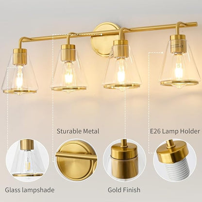 Gold Vanity Light 4 Light Bathroom Vanity Light Fixtures Over Mirror with Clear Glass Shade, 30 Inch Lights for Bathroom Modern Wall Sconce Lighting (Exclude E26 Bulb)