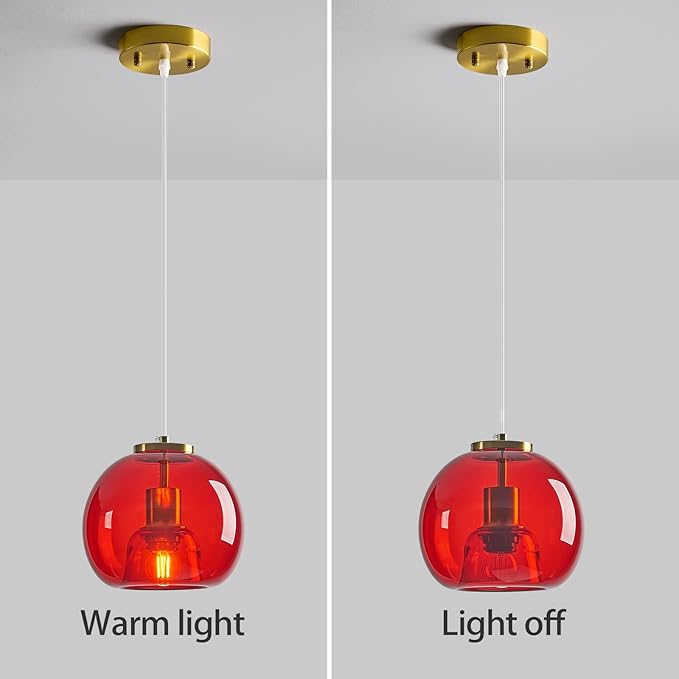Red Glass Pendant Lights Kitchen Island Gold Hanging Light Fixture Glass Globe Pendant Light Modern Pendant Lighting for Kitchen Island Bedroom Dining Room (7.87", 3 Pack)