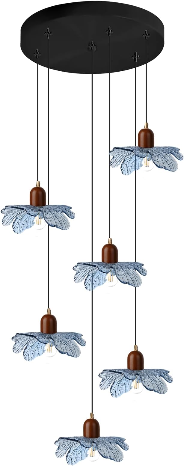 6-Light Blue Glass Flower Chandelier, Adjustable Height Staircase Pendant Light, Modern Mid Century Floral Hanging Ceiling Fixture for Living Room Dining Room Foyer Entryway